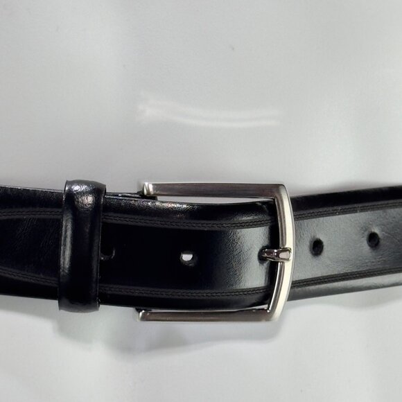 ALLEN EDMONDS Men's Black Leather Belt Handcrafted Silver Buckle Size 44 - Picture 2 of 9